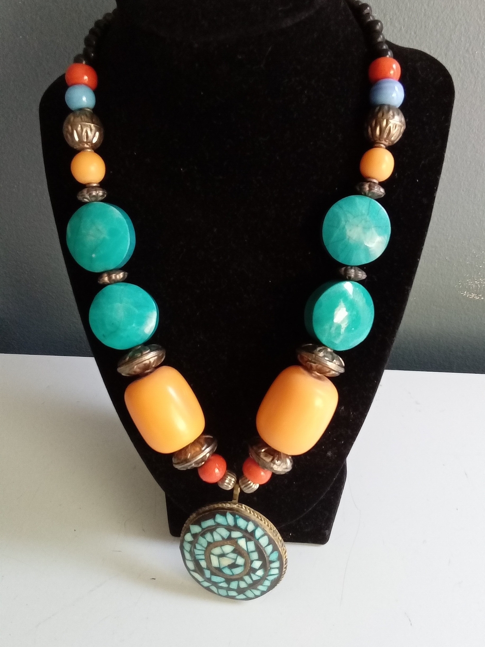 Bohemian Chunky Beaded Statement Necklace Turquoise Orange Mosaic Pendant